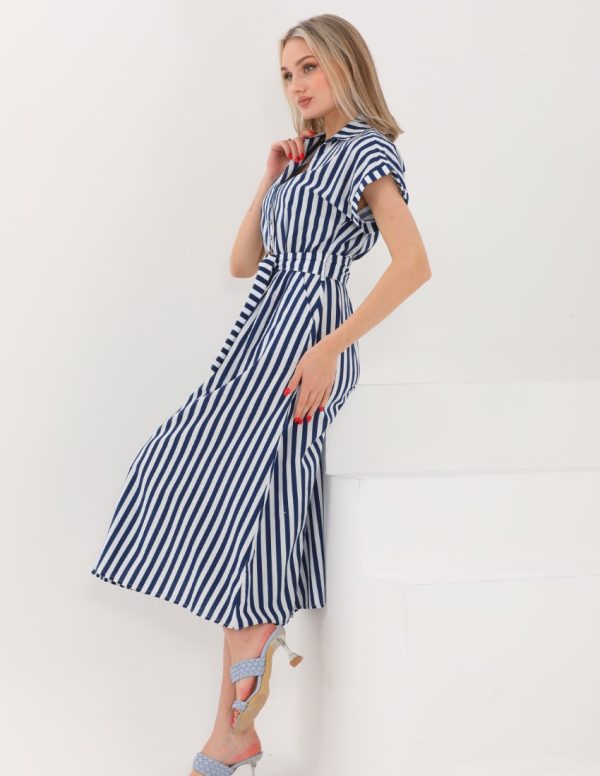 Beli Kemerli Düğmeli Uzun Elbise