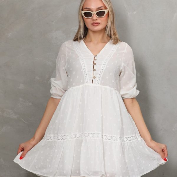 Puantiye Vual Dantel Detaylı Kısa Elbise